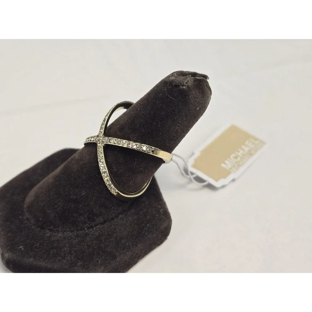 Michael Kors Star X Ring Size 6 Pave Crystal Gold Plated Signed New - Picture 2 of 6